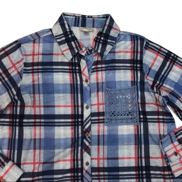 Avenue Plaid Button Up Shirt Crochet Pocket Long Sleeves Lightweight Size 14/16 - Picture 4 of 8